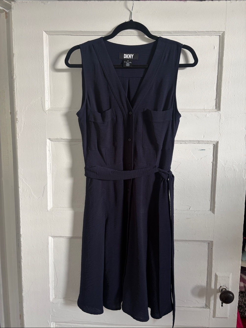 DKNY Navy Sleeveless V-Neck Button Front Tie-Waist Midi Dress
